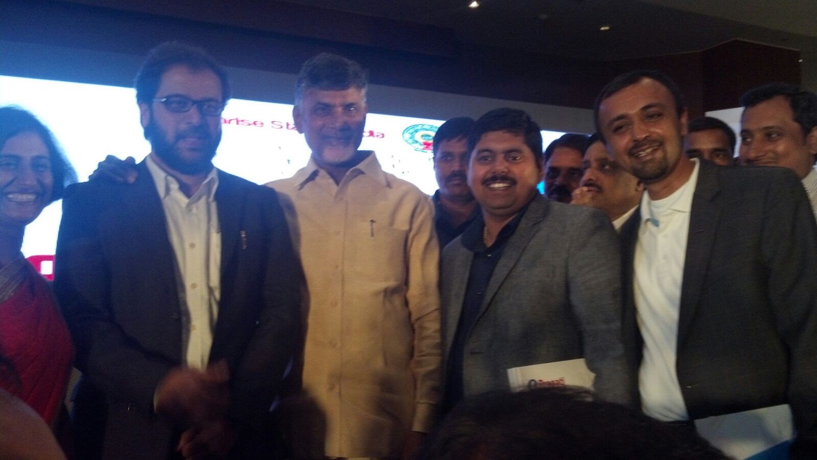 Mahesh Nandyala and Andhra Pradesh Chief Minister N. Chandrababu Naidu with attendees at a 2017 public meeting