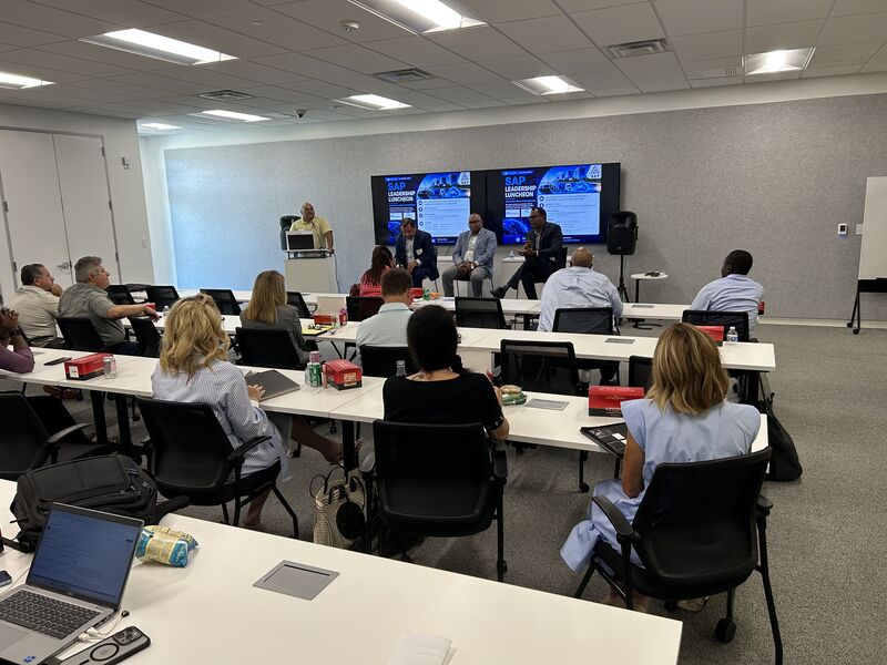 Panel and attendees during the DFW SAP and Enterprise AI Leadership Luncheon at Richardson Innovation Quarter