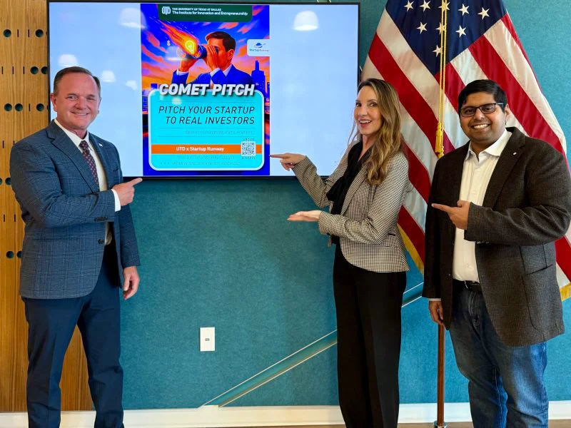 UT Dallas, City of Richardson, and Startup Runway leaders beside the Comet Pitch announcement